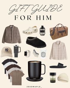 the gift guide for him is displayed with items from his personal collection, including shoes and hats