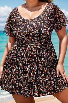 Floral Print Short Sleeve Round Neck Women Swimdress Lined V-neck Beach Dress, V-neck Lined Beach Dress, V-neck Lined Dress For Beach Season, Beach Season V-neck Lined Dress, Fitted Knee-length Dress For Beach Season, Printed Stretch Dresses For Beach, Stretch Printed Dresses For Beach, Fitted Floral Print Midi Beachwear Dress, Stretch Printed Dresses For The Beach