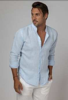 Mens shirts long sleeve collar Mao made of 100% pure linen Italy style high quality in colors white ,black ,royal blue ,light blue . with silicon softening #1007 Powder Blue Mens Outfit, Light Blue Shirt Outfit Men, Blue Linen Shirt Men, Blue Shirt Outfit Men, Light Blue Shirt Outfit, Linen Shirt Outfit, Blue Linen Shirt, Mens Linen Pants, Shirt Outfit Men