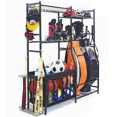 a rack filled with lots of sports equipment