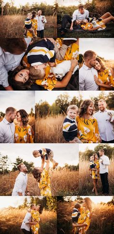 a collage of photos with people in the grass and one person holding a child