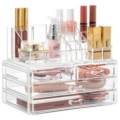 The HBlife Clear Acrylic Makeup Organizer is a versatile storage solution for cosmetics and skincare products. This set includes two pieces  a vanity makeup case with four storage drawers and a two-tier bedroom cosmetic display case. Made from high-quality clear acrylic, these organizers offer a sleek and transparent design, allowing easy visibility and access to your makeup and skincare items. The clear construction adds a modern touch to your vanity or bathroom counter. The vanity makeup case Clear Acrylic Makeup Organizer, Clear Makeup Organizer, Make Up Storage, Makeup Case Organization, Makeup Storage Organization, Acrylic Organizer Makeup, Jewelry Display Box, Cosmetic Display, Make Up Organiser