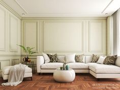 a living room with white couches and pillows on the floor in front of a large window