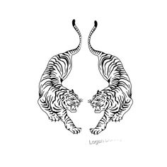 two tigers are facing each other in black and white, with one on its hind legs