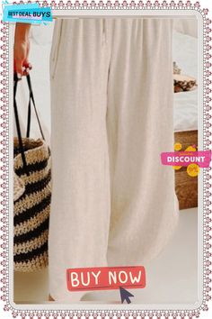 Solid Color Casual Cotton Linen Loose Trousers Chic Wide Leg Pants In Solid Color For Vacation, Chic Solid Color Wide Leg Pants For Vacation, Chic Solid Color Pants For Beach, Chic Solid Color Beach Pants, Casual Beige Wide Leg Pants For Vacation, Beige Non-stretch Wide Leg Pants For Beach, Beige Solid Color Bottoms For Vacation, Solid Color Beige Bottoms For Vacation, Beige Bottoms For Beach