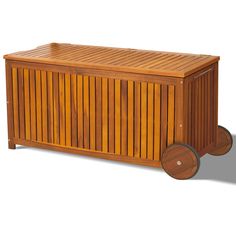 a wooden storage box with wheels on the front and sides, made out of wood