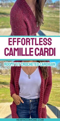 a woman wearing a red cardigan with text overlay that reads effortless, crocheted cardigan