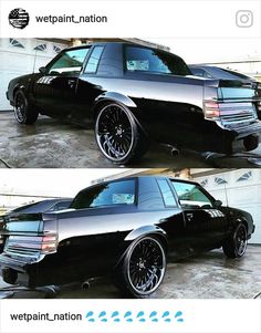 two pictures of a black car with chrome rims