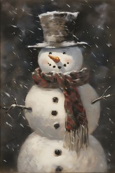 a painting of a snowman wearing a hat and scarf