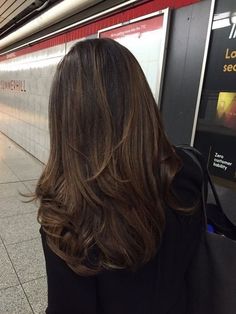 Long Layers Medium Length Hair Thick, Dark Hair Amber Highlights, Neutral Brown Highlights On Dark Hair, Layered Haircut Back View, Brunette Hair Inspo Color, Edgy Long Haircut, Subtle Layers Long Hair, Old Money Brunette Hair, Casual Night Out Outfit Winter