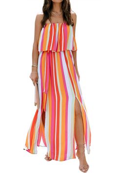 Stripe Overlay Strapless Maxi Dress with Slits Summer Maxi Dress With Split Design For Day Out, Off-shoulder Midi Dress With Side Slits For Summer, Chic Split Dress For Beach Season, Summer Multicolor Maxi Dress With Side Slits, Beach Season Maxi Dress With Split, Summer Vacation Midi Dress With Split Design, Summer Midi Dress With Split Design For Vacation, Spring Off-shoulder Maxi Dress With Side Slits, Chic Beach Dress With Split Hem