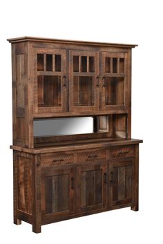 a wooden hutch with mirrored doors and drawers on it's sides, against a white background