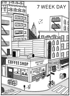 a black and white drawing of a coffee shop in the middle of an urban area