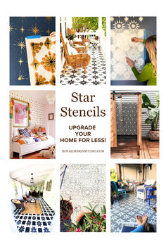 A collage of pictures showing the Star stencil collection Linoleum Kitchen, Linoleum Kitchen Floors, Wall Painting Stencils, Star Tiles, Stencils For Walls, Furniture Stencil, Floor Makeover, Large Wall Stencil, Star Tile