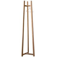 a wooden coat rack with two coats hanging from it's sides and one coat hanger on the top