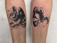 two black and white tattoos on the legs of someone's legs, one with a rabbit in it