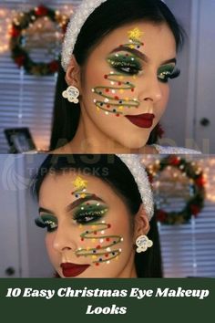 Christmas Light Makeup Look, Ugly Sweater Makeup Ideas, Christmas Tree Makeup Look, Christmas Inspired Makeup Looks, Christmas Eyeshadow Looks Step By Step, Easy Christmas Makeup Looks For Beginners, Fun Christmas Makeup Looks, New Years Eyeshadow, Cute Christmas Makeup Looks