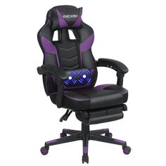 a black and purple gaming chair with the lights on it's armrests