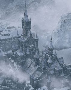 an aerial view of a castle surrounded by snow