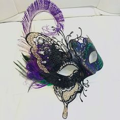 "Holiday Party Mask Masquerade Ball Mask metal filigree laser cut Masks for women This Mask is stunning and has a very detailed filigree pattern adorned with pearls and rhinestones. Shimmer detail in gold, purple, and green. If shimmer needs to be customized pls leave a check out note with your ideas! S H I P P I N G - Last minute Masquerade Mask shopping? Processed same day or within 24 hours. 1-2 day guaranteed delivery services offered, add items to cart and click on shipping tab for rates. P Black Masquerade Mask For Party And Festivals, Black Masquerade Mask For Party Festivals, Golden Bday, Mask Butterfly, Mask Masquerade Ball, Mardi Gras Theme, Masquerade Ball Masks, Mardi Gras Masks, Bday Celebration