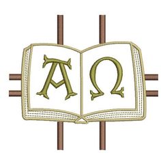 an open book with the letter q in it and two crossed wooden sticks behind it