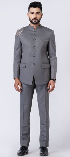 Black and Grey color Jodhpuri Suit in Polyester Silk fabric with Patch work Luxury Fitted Classic Nehru Jacket, Luxury Fitted Black Nehru Jacket, Classic Black Luxury Nehru Jacket, Luxury Black Classic Nehru Jacket, Jodhpuri Suit, Reception Lehenga, Engagement Reception, Patch Work, Waist Chain