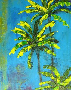 a painting of a palm tree against a blue background