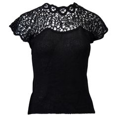 1950s top, the hip-length fitted body in black knit featuring an openwork yoke with cap sleeves and round neckline above. Four crystal buttons with loops at back of yoke. Unlined. A unique piece to add interest to a myriad of wardrobe staples. Size S. Fitted Crochet Knit Top With Crew Neck, Fitted Crochet Crew Neck Top, Black Knit Tops For Evening, Fitted Vintage Pointelle Knit Tops, Fitted Crochet Top With Pointelle Knit And Short Sleeves, Alt Person, Modern Gothic Fashion, Goth Business Casual, Modern Gothic