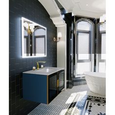 a bath room with a sink and a bath tub next to two large windows on the wall