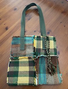 Handwoven boho bag with lining made from scarf remnants. Yellow, green, red, brown, blue. Approximately 10.5" x 10.5". Velcro closure.  Cotton and acrylic.  Hand wash or gentle cycle. Dry flat. Rag Bag, Boho Bag, Red Brown, Purses And Handbags, Shoulder Bags, Accessory Gift, Pet Supplies, Hand Weaving, Chiffon