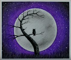 a drawing of a cat sitting on a tree branch in front of a full moon