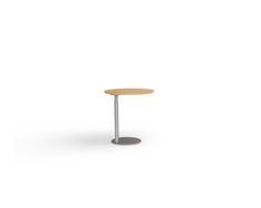 a round table with a metal base and wooden top on an isolated white background,