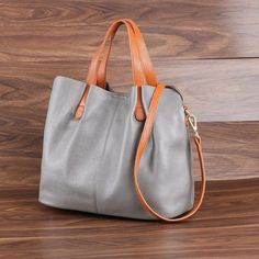 Genuine Leather Handbags Head Layer Cowhide Litchi Grain Women Handbag Luxury Gray Satchel Bag, Luxury Gray Shoulder Bag With Double Handle, Gray Leather Top Handle Satchel, Elegant Gray Bag With Leather Handles, Elegant Gray Bags With Leather Handles, Elegant Gray Crossbody Shoulder Bag, Gray Large Capacity Top Handle Shoulder Bag, Luxury Soft Leather Gray Bag, Gray Top Handle Bag For Shopping