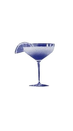 a blue cocktail glass with a slice of lime on the rim in front of a white background