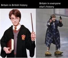 two pictures one is harry potter and the other has his own hogwarts costume