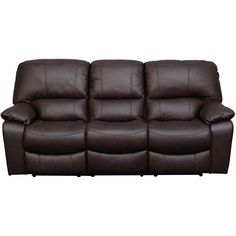 a brown leather couch with two reclining seats