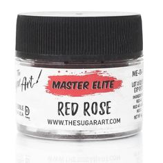 a jar of red rose acrylic paint on a white background with the words, master