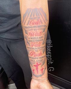 a person with a tattoo on their arm that says trust in god's time