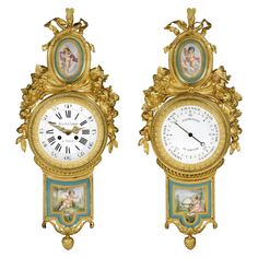 two green and gold clocks with pictures on them