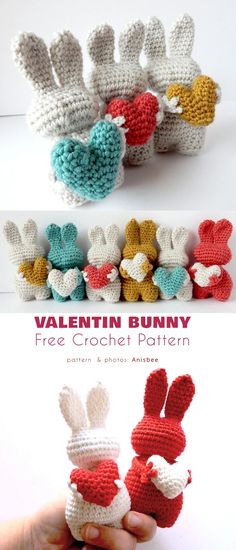 the crocheted bunny is made with different colors and sizes