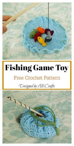 a crocheted fishing game toy is shown in two different pictures and the title reads, free crochet pattern designed by all crafts