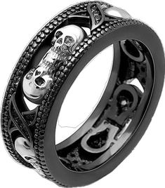 This wheel of life ring is for you. you like rhinestone and glitter, so fall for this skull ring. it's the perfect jewel to match any style and any situation. Welcome ladies and gents, are you looking for a simple ring that you could wear every day and that would look very nice with all of your outfits, this skull ring black is dominated by a gorgeous deep black all over its ring band to match most of your clothes, then a beautiful silver that covers the skulls that are sculpted in the gap betwe Black Metal Skull Ring Symbolic Style, Symbolic Black Metal Skull Ring, Black Metal Skull Ring For Streetwear, Black Metal Rings For Halloween, Edgy Adjustable Rings For Halloween, Adjustable Edgy Halloween Rings, Gothic Black Rings With Skull Print, Gothic Metal Ring For Streetwear, Gothic Metal Rings For Streetwear