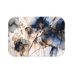 an abstract painting of blue flowers on a white background