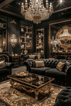 a fancy living room with black couches and chandelier