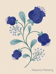 blue flowers and leaves on a beige background