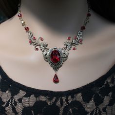 Vintage Brass Scarlet Crystal Necklace With Optional Earrings, Gothic Medieval Necklace, Vampire Jewelry - Etsy Medieval Fantasy Jewelry, Gothic Jewelry Necklaces, Gothic Necklace Victorian, Vampire Aesthetic Jewelry, Vintage Red Jewelry, Vampiric Outfits, Vampire Jewelry Necklaces, Red Gem Necklace, Fantasy Jewelry Necklace