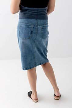 Bring the vintage look & feel of your favorite denim skirt into pregnancy! The 'Everlee' Maternity Denim Skirt has a full over-the-belly band for ultimate support and comfort for pregnancy and beyond. Versatile and on trend, wear this maternity denim skirt for work, the weekend, or wherever your day takes you. The medium wash provides endless styling options for your maternity wardrobe. Exclusively designed with you in mind! 97% Cotton, 3% Spandex Machine Wash Cold Gentle Cycle Do Not Bleach Tum Maternity Denim Bottoms Bump Friendly, Maternity Cotton Bottoms For Spring, Cotton Maternity Bottoms For Spring, Spring Maternity Cotton Bottoms, Stretch Denim Maternity Bottoms, Denim Maternity Wear Bottoms, Maternity Denim Bottoms In Medium Wash, Maternity Wear Medium Wash Denim Bottoms, Spring Maternity Denim Bottoms