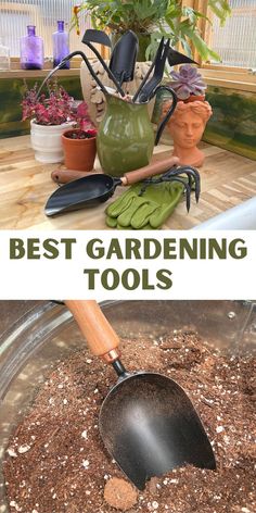 the best gardening tools to use in pots and containers for garden plants are shown here