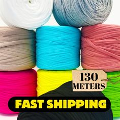 several different colors of yarn are shown with the words fast shipping on it in front of them