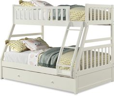 a white bunk bed with drawers underneath it